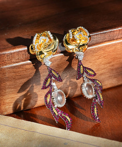 Colorblock Sterling Silver Overgild Zircon Jade Drop Earrings
