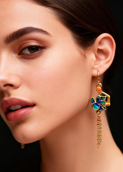 Enamel Gilding Tassels Long Drop Earrings