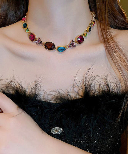 Gold Agate Pearl Zircon Gem Stone Collar Necklace