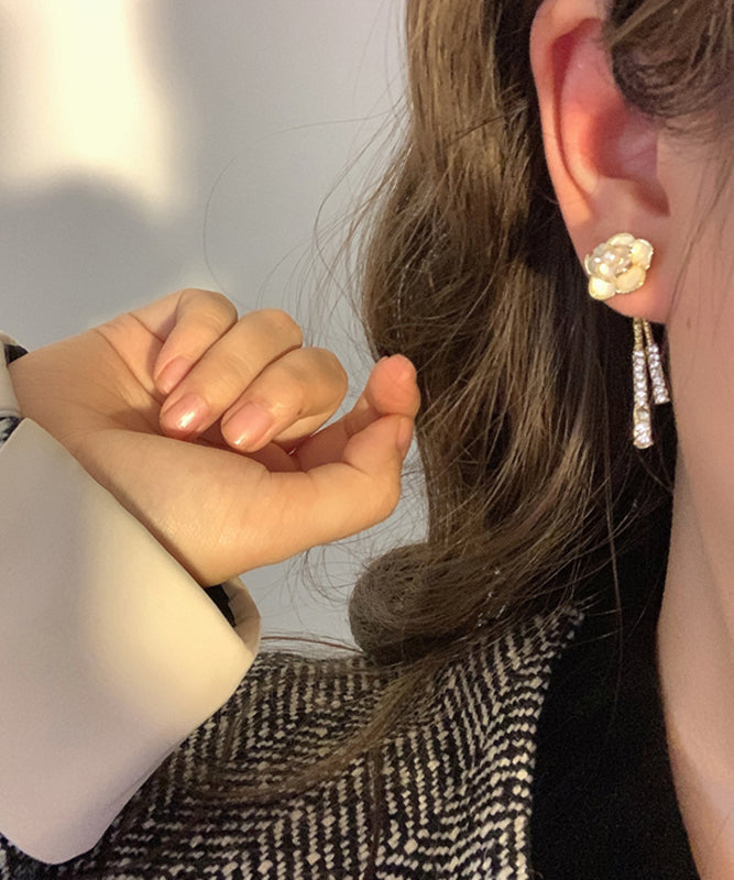 Gold Alloy Zircon Pearl Tassel Drop Earrings