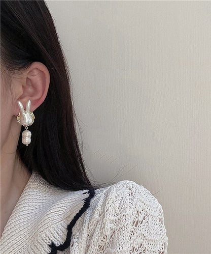 Gold Sterling Silver Alloy Pearl Rabbit Drop Earrings Ly1801