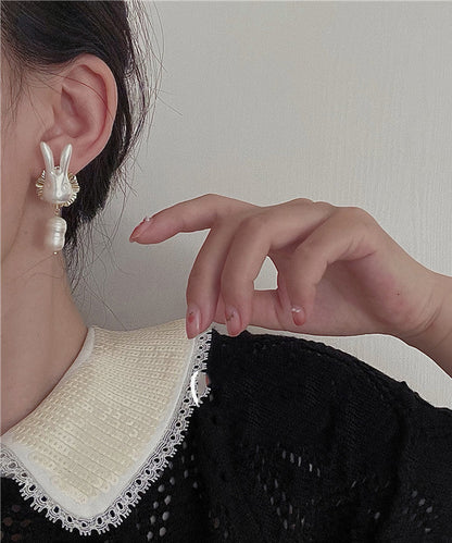 Gold Sterling Silver Alloy Pearl Rabbit Drop Earrings