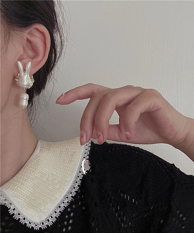 Gold Sterling Silver Alloy Pearl Rabbit Drop Earrings Ly1801