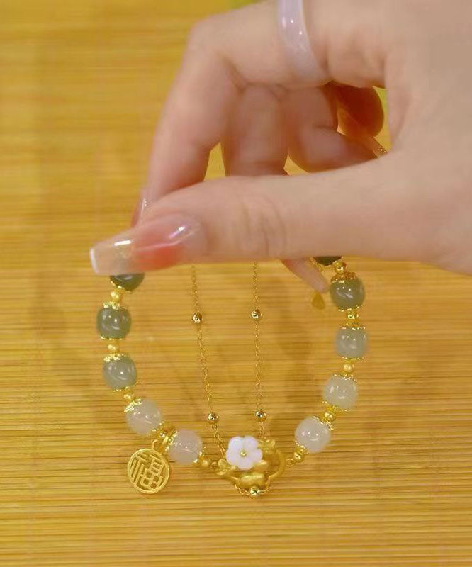 Gold Sterling Silver Overgild Inlaid Jade Rabbit Charm Bracelet