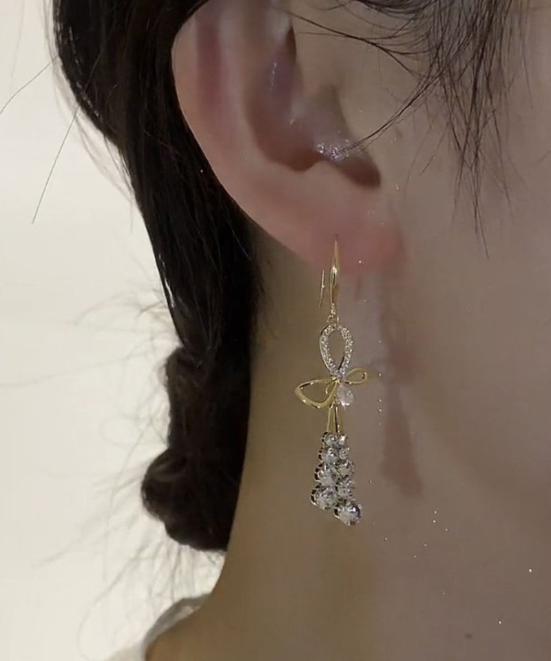 Gold Sterling Silver Overgild Zircon Bow Tassel Drop Earrings