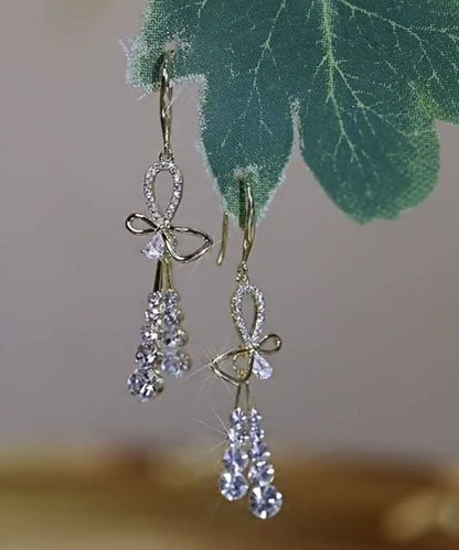 Gold Sterling Silver Overgild Zircon Bow Tassel Drop Earrings