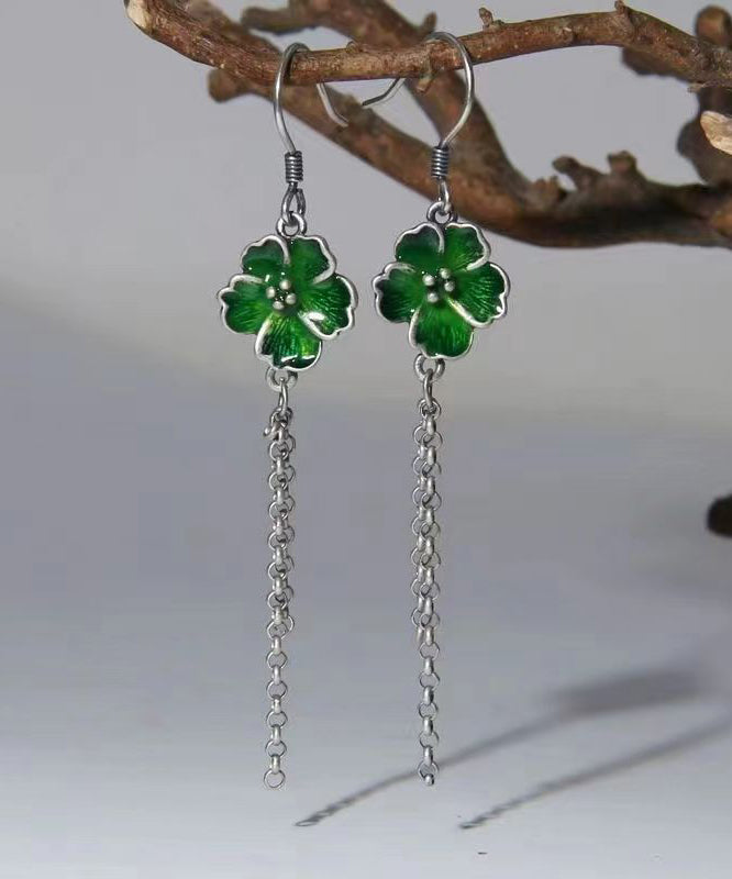 Green Tassel Patchwork Silver Drop Earrings
