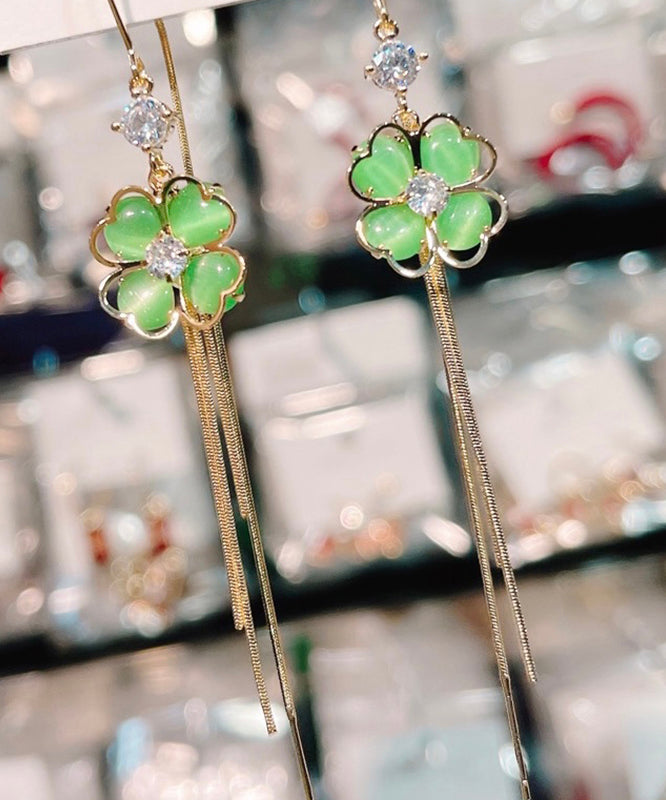 Green Gem Stone Tassel Drop Earrings