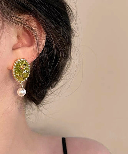 Green Sterling Silver Alloy Pearl Resin Drop Earrings