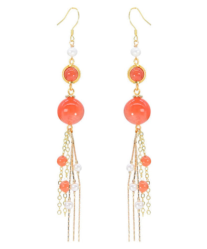 Orange Silver Sterling Overgild Agate Pearl Tassel Drop Earrings