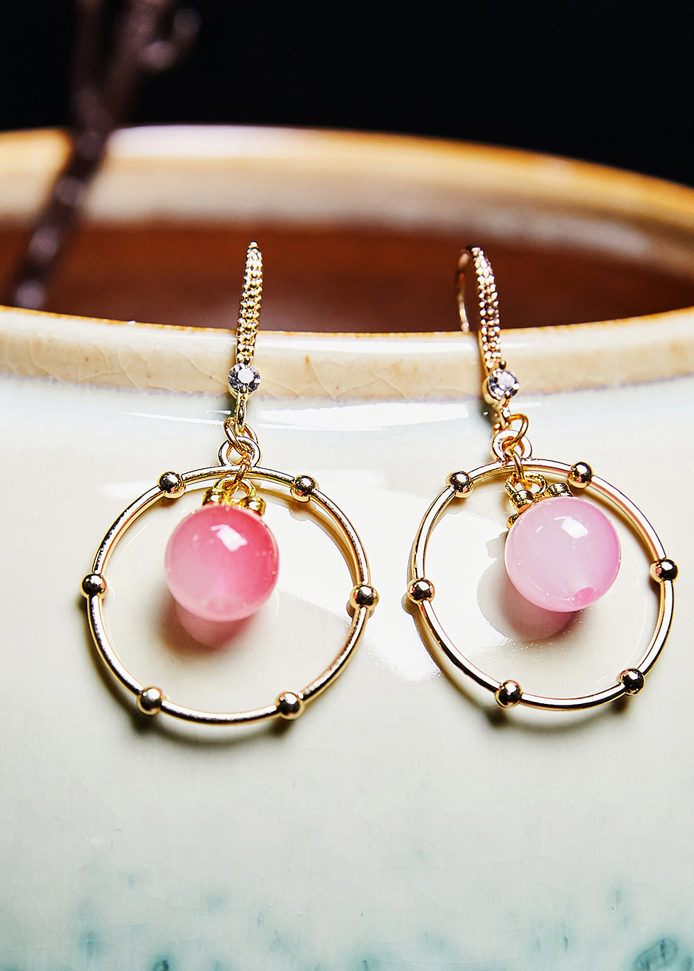 Pink Crystal Circular Gilding Drop Earrings
