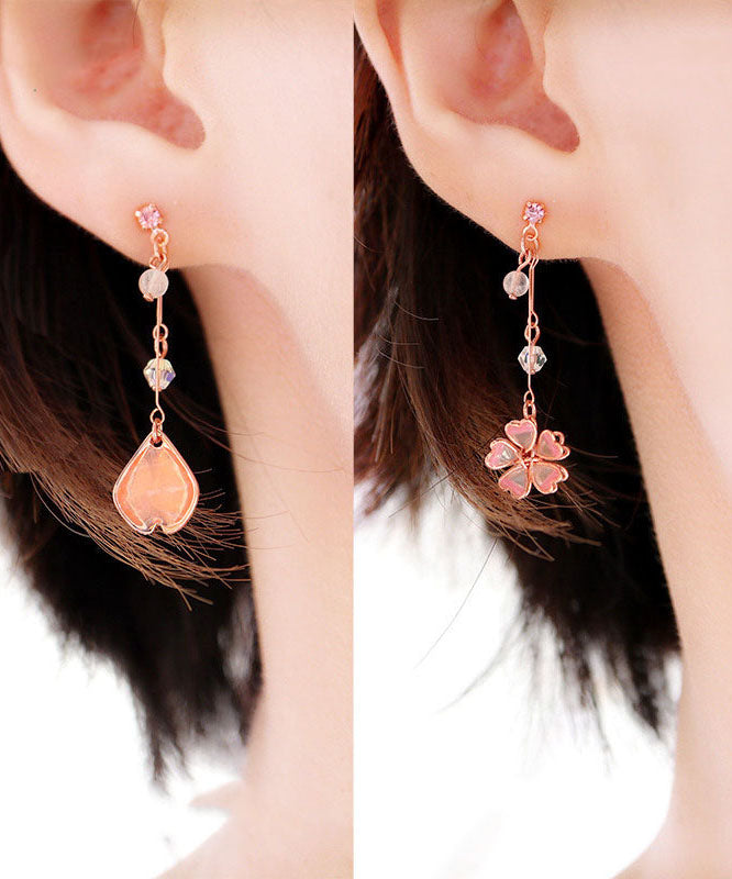 Pink Water Drops and Cherry Blossoms Crystal Asymmetrical Design Drop Earrings