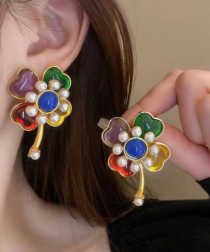 Rainbow Sterling Silver Overgild Pearl Stud Earrings Df1028