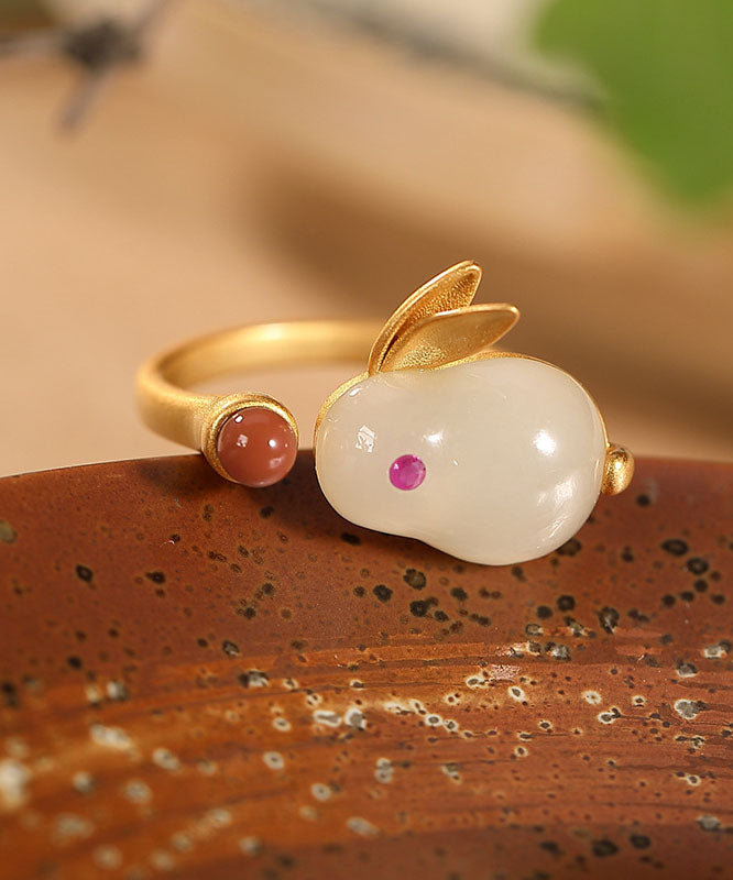 White Rabbit Jade 14k Gold Stud Earrings and Pendant Necklace and Ring