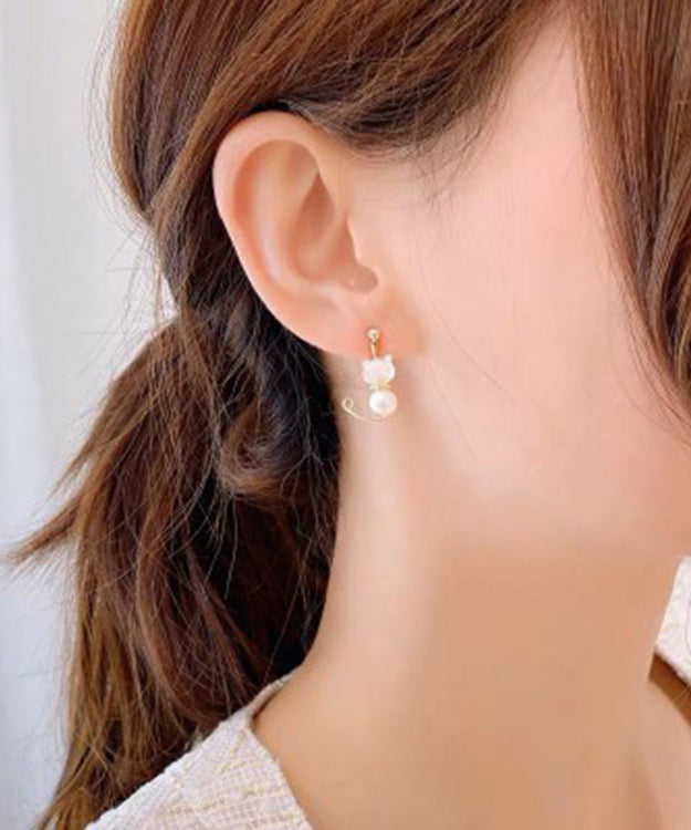 White Gold Copper Overgild Pearl Little Cats Asymmetric Drop Earrings Kx1021
