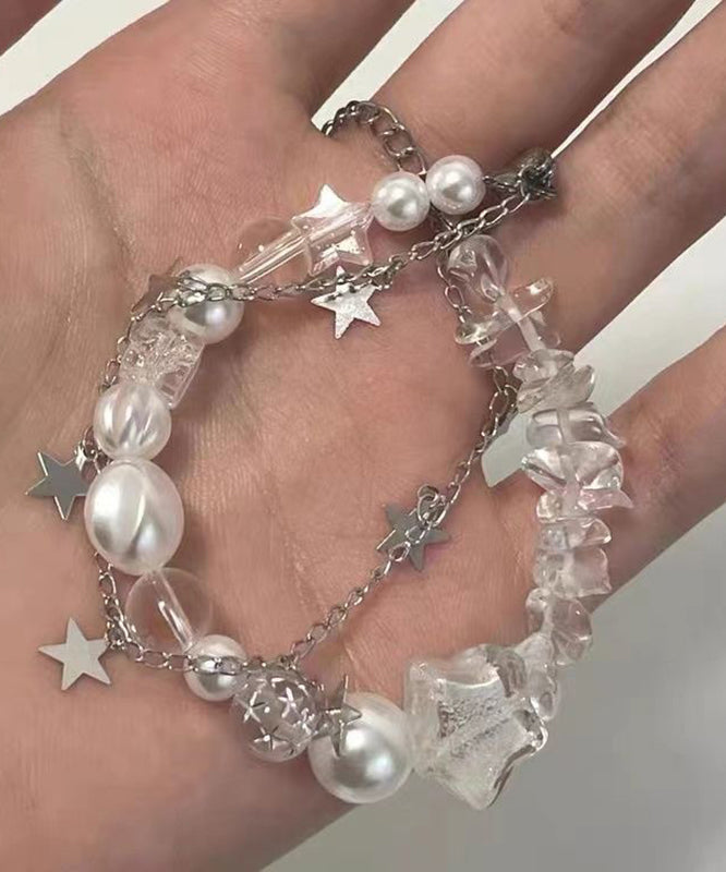 White Stainless Steel Star Double-layer Pearl Charm Bracelet