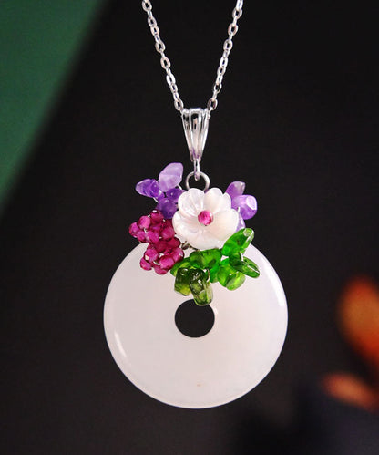 White Sterling Silver Jade Ping Buckle Pendant Necklace