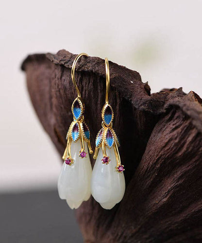 White Sterling Silver Overgild Inlaid Jade Cloisonne Orchid Drop Earrings
