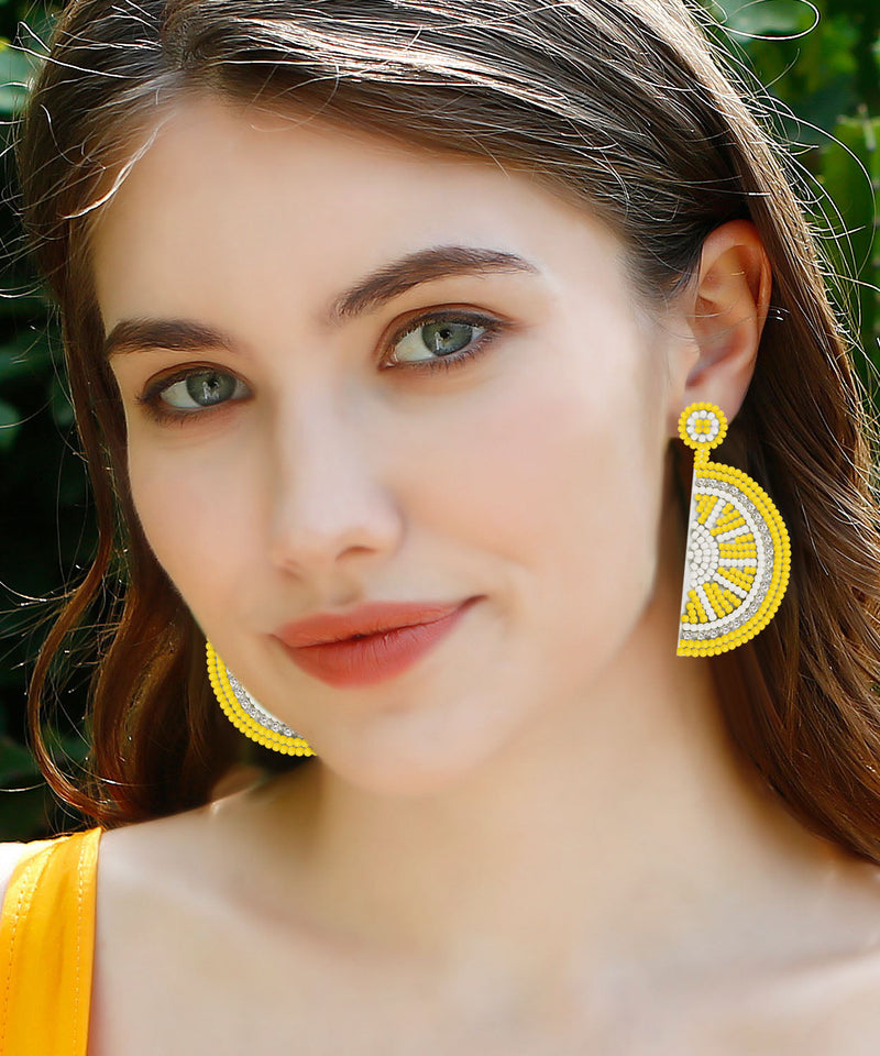 Yellow Hand Woven Rice Ball Lemon Drop Earrings