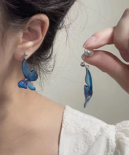Blue Copper Alloy Pearl Butterfly Drop Earrings