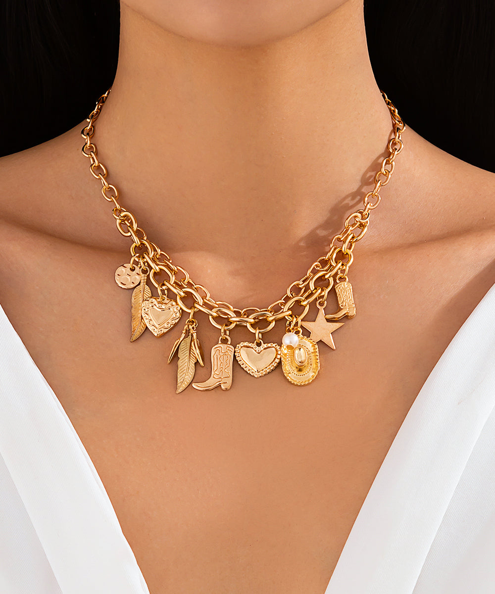 Gold Metal Alloy Pearl Asymmetrical Pendant Necklace