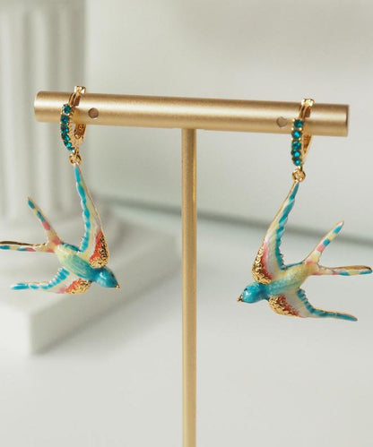 Rainbow Copper Alloy Enamel Gem Stone Swallow Drop Earrings