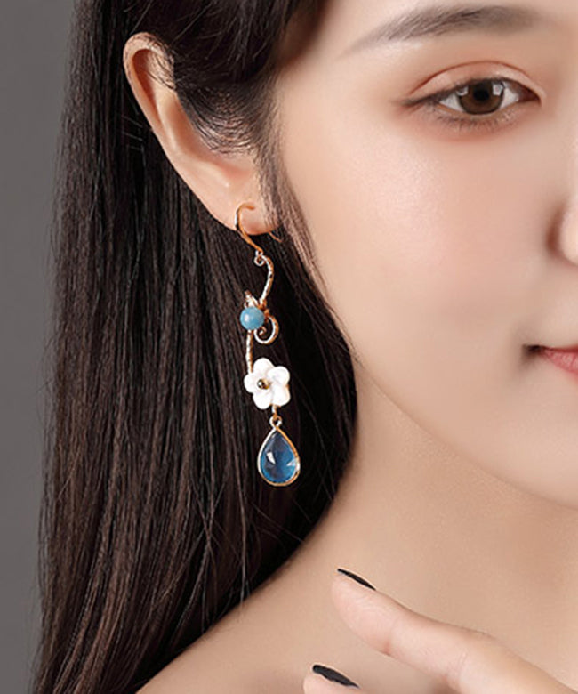 Blue Copper Crystal Coloured Glaze Pearl Shell Flowwer Water Drop Drop Earrings