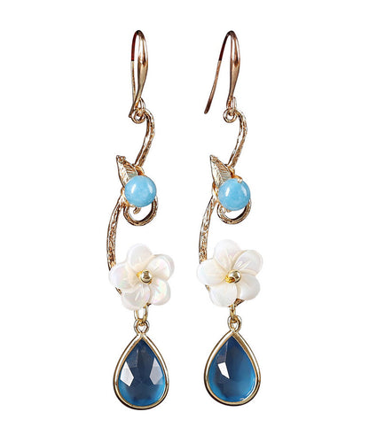 Blue Copper Crystal Coloured Glaze Pearl Shell Flowwer Water Drop Drop Earrings