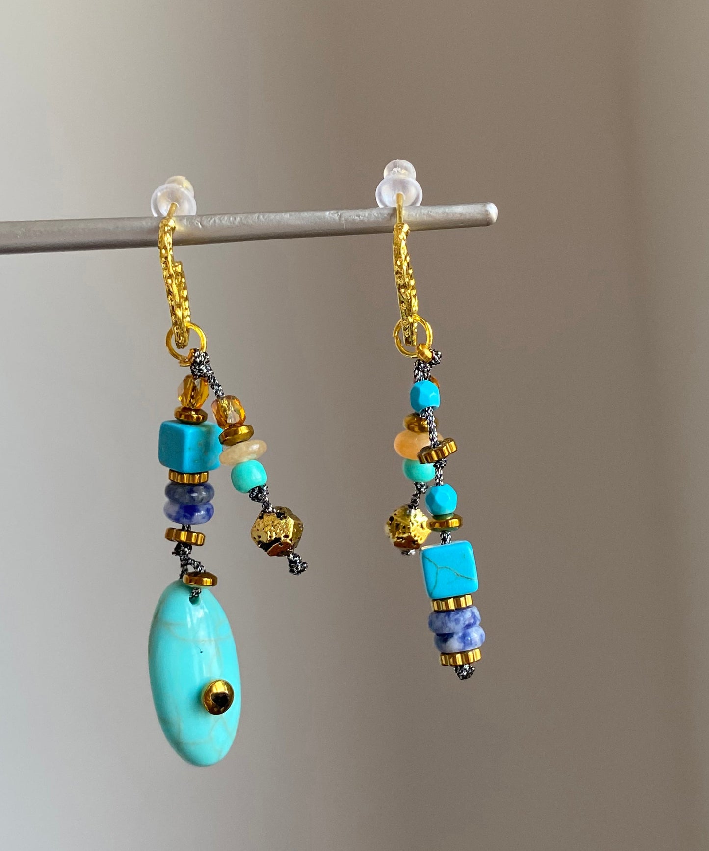 Copper Overgild Asymmetrical Natural Stone Drop Earrings