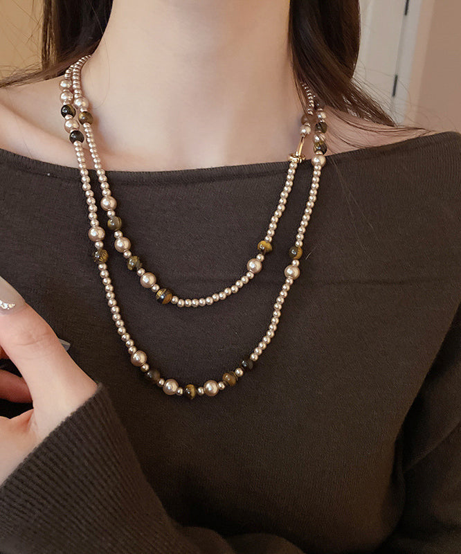 Gold Alloy Pearl Glass Tiger Eye Stone Pendant Necklace