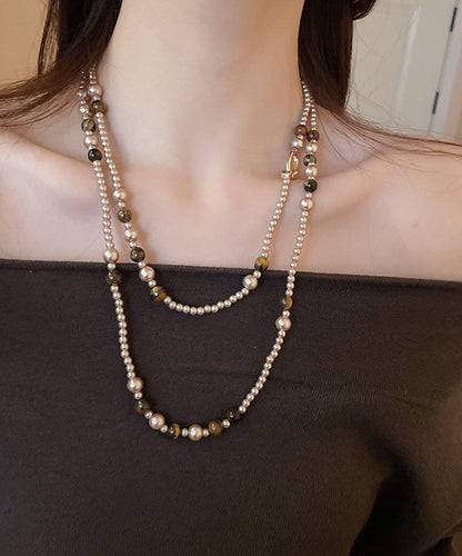 Gold Alloy Pearl Glass Tiger Eye Stone Pendant Necklace