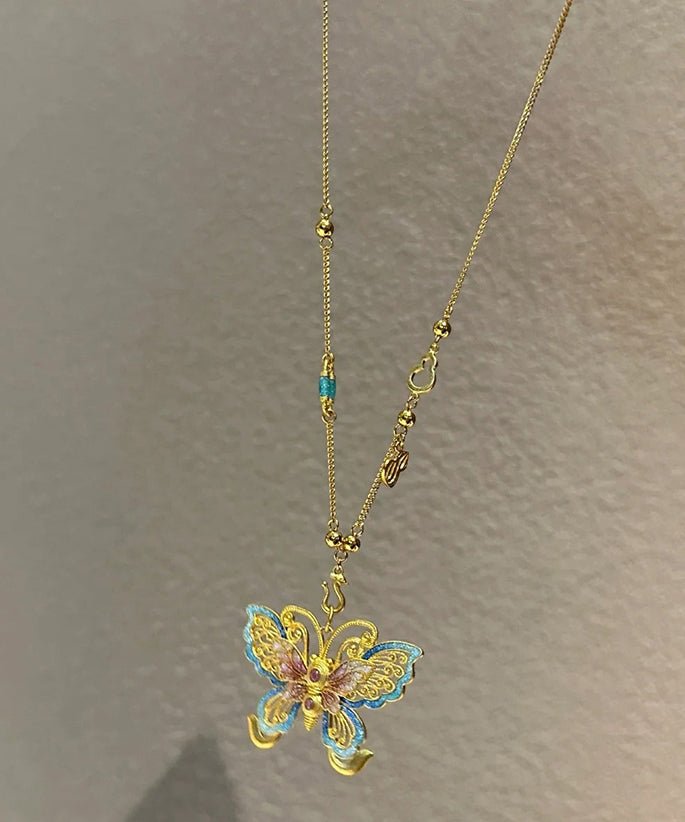 Gold Sterling Silver Overgild Butterfly Hollow Out Pendant Necklace Po056