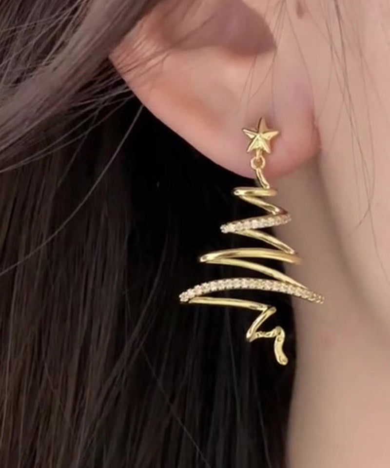 Golden Starlight Christmas Tree Zircon Copper Drop Earrings