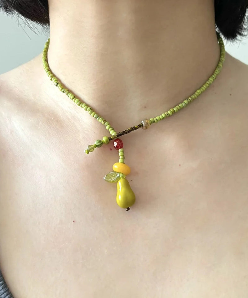 Grass Green Beads Leaf Pear Pendant Necklace