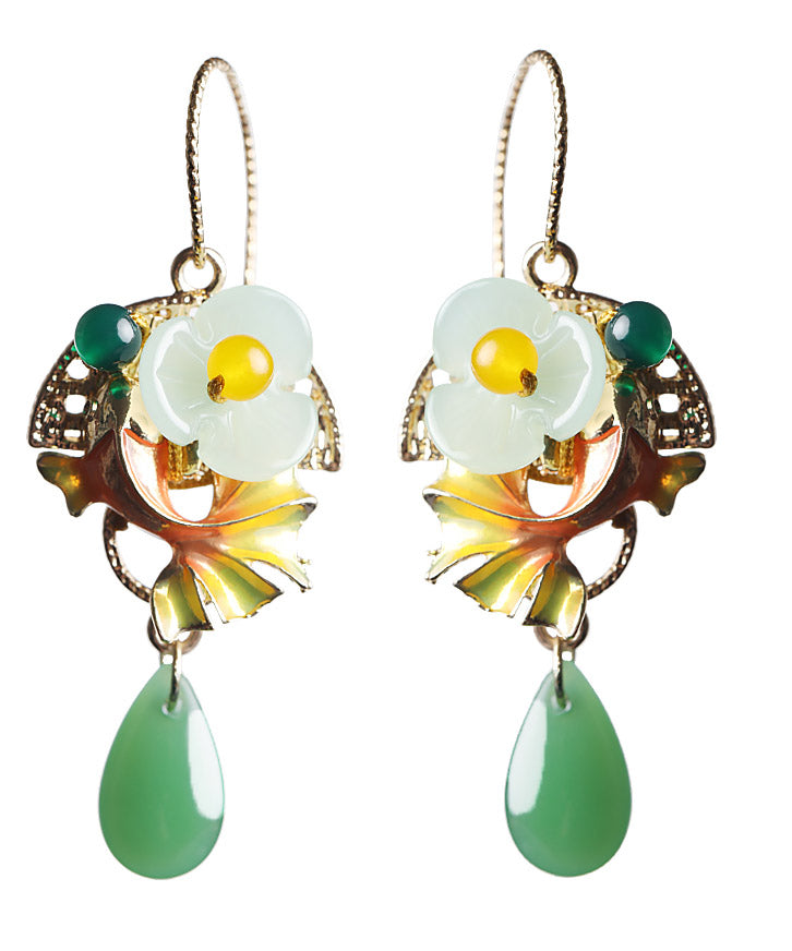 Green Coloured Glaze Chalcedony Agate Cloisonne Fish Drip Drop Earrings