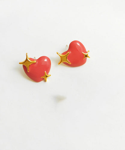 Red Patchwork Copper Heart Stud Earrings