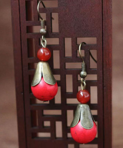 Red Turquoise Patchwork Copper Drop Earrings