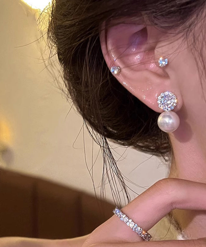 White Alloy Zircon Pearl Stud Earrings