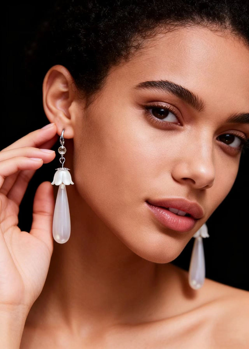 White Water Droplet Pearl Drop Earrings