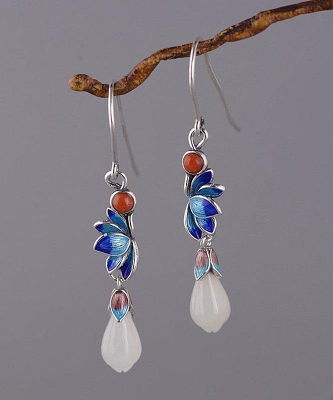 Boutique Blue Lotus Silver Jade Drop Earrings