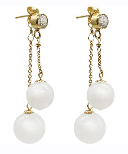 Boutique White 14k Gold Jade Zircon Tassel Drop Earrings