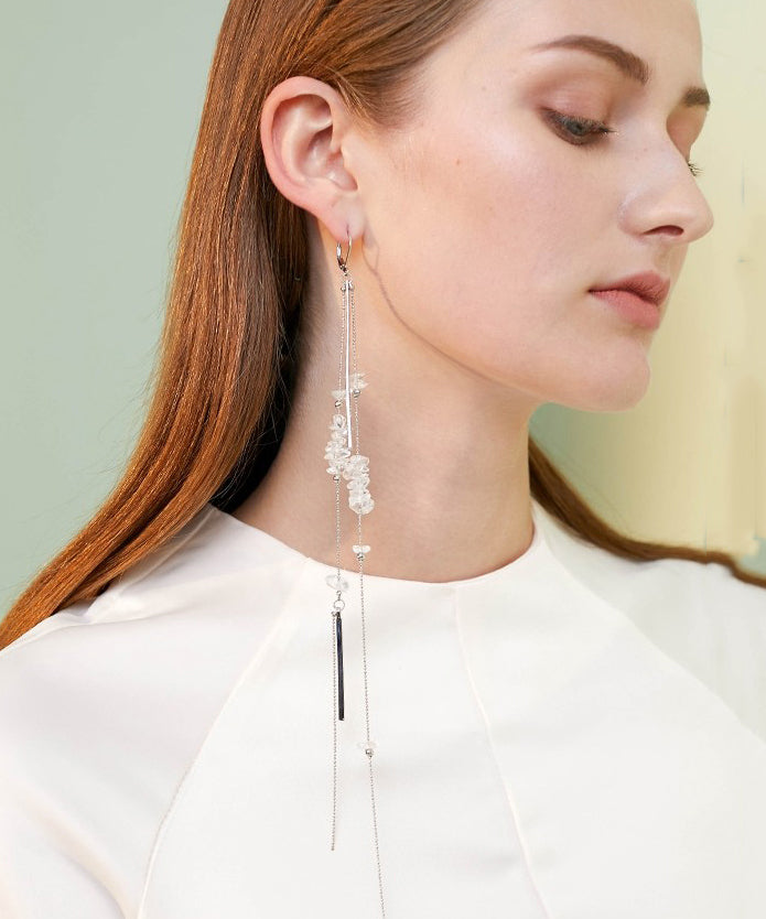 Boutique White Crystal Extra Long Metal Single Drop Earrings