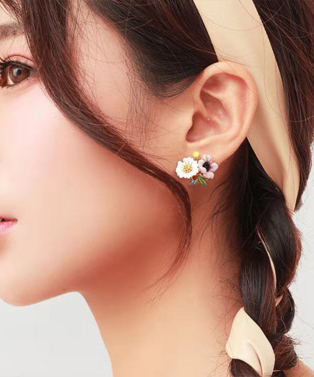 Brief Rainbow Sterling Silver Asymmetrical Enamel Stud Earrings