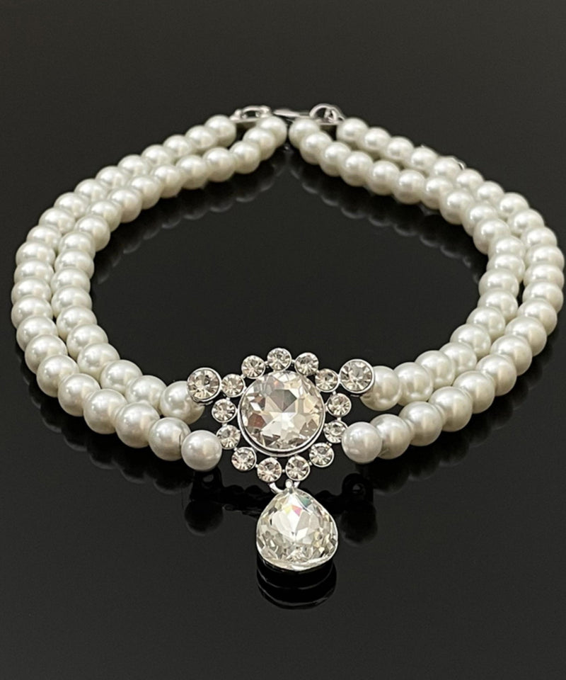 Brief White Alloy Zircon Double Layer Pearl Pendant Necklace Qj039