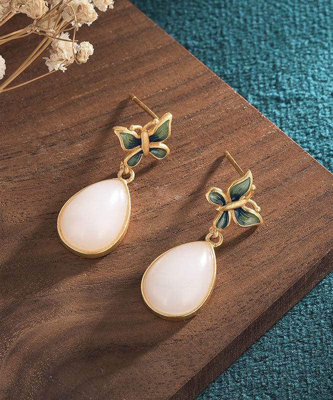 Blue Ancient Gold Inlaid Jade Butterfly Water Drop Drop Earrings