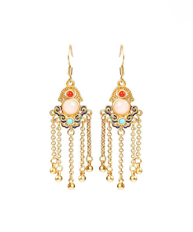 Colorblock Ancient Gold Jade Turquoise Tassel Drop Earrings