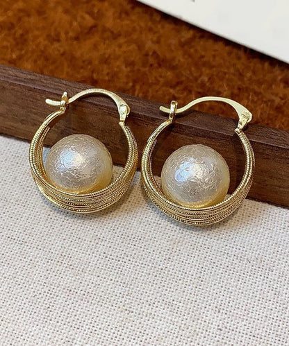 Gold Copper Overgild Cotton Pearl Bird's Nest Hoop Earrings