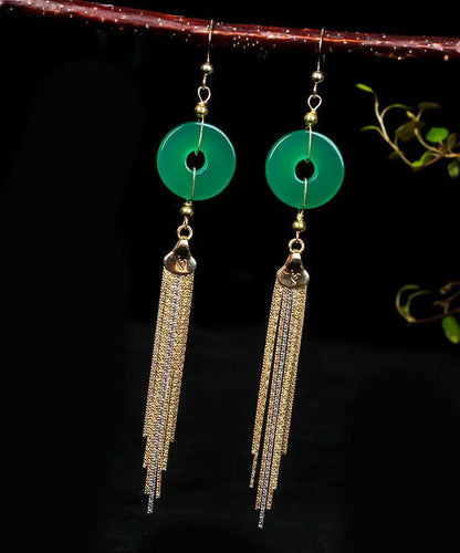 14k Gold Ping Buckle Chalcedony Tassel Drop Earrings