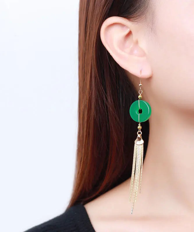 14k Gold Ping Buckle Chalcedony Tassel Drop Earrings