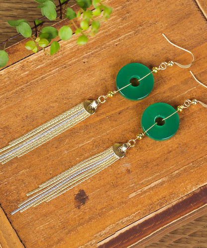Green 14k Gold Ping Buckle Chalcedony Tassel Drop Earrings